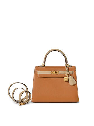 HERMÈS: CUSTOM MADE TWO TONED GOLD AND CRAIE EPSOM SELLIER KELLY 25 WITH BRUSHED GOLD HARDWARE