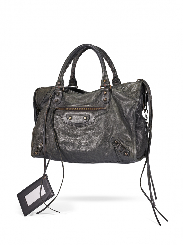 BALENCIAGA: DARK GREY LAMBSKIN CITY SHOULDER BAG WITH SILVER TONED HARDWARE