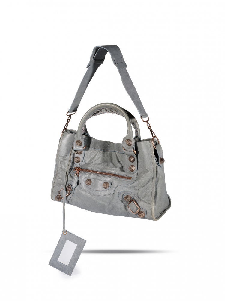 BALENCIAGA: LIGHT GREY CLASSIC MOTOCROCSS CITY BAG WITH GOLD TONED HARDWARE