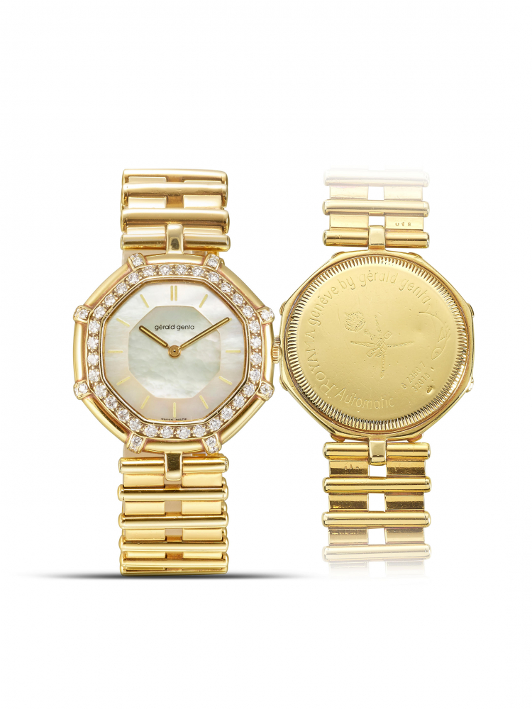 GÉRALD GENTA | ROYAMA – KHANJAR CREST, REF.G2386.7, A YELLOW GOLD AND DIAMOND-SET BRACELET WATCH WITH MOTHER-OF-PEARL DIAL, MADE FOR THE SULTANATE OF OMAN, CIRCA 1990