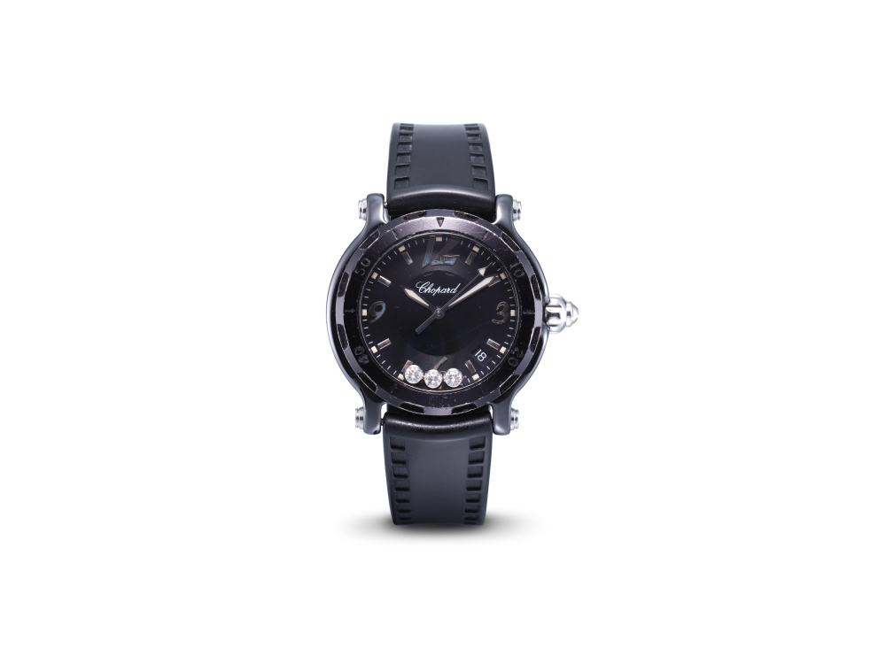 CHOPARD | HAPPY SPORT, REF.288507-9029, A CERAMIC AND STAINLESS STEEL WRISTWATCH WITH FLOATING DIAMONDS AND DATE, CIRCA 2005