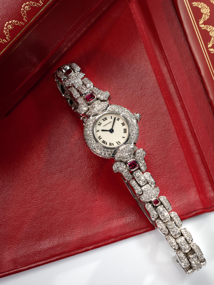 CARTIER | COLISEE, A RARE LADY'S WHITE GOLD, DIAMOND AND RUBY-SET BRACELET WATCH, CIRCA 1993