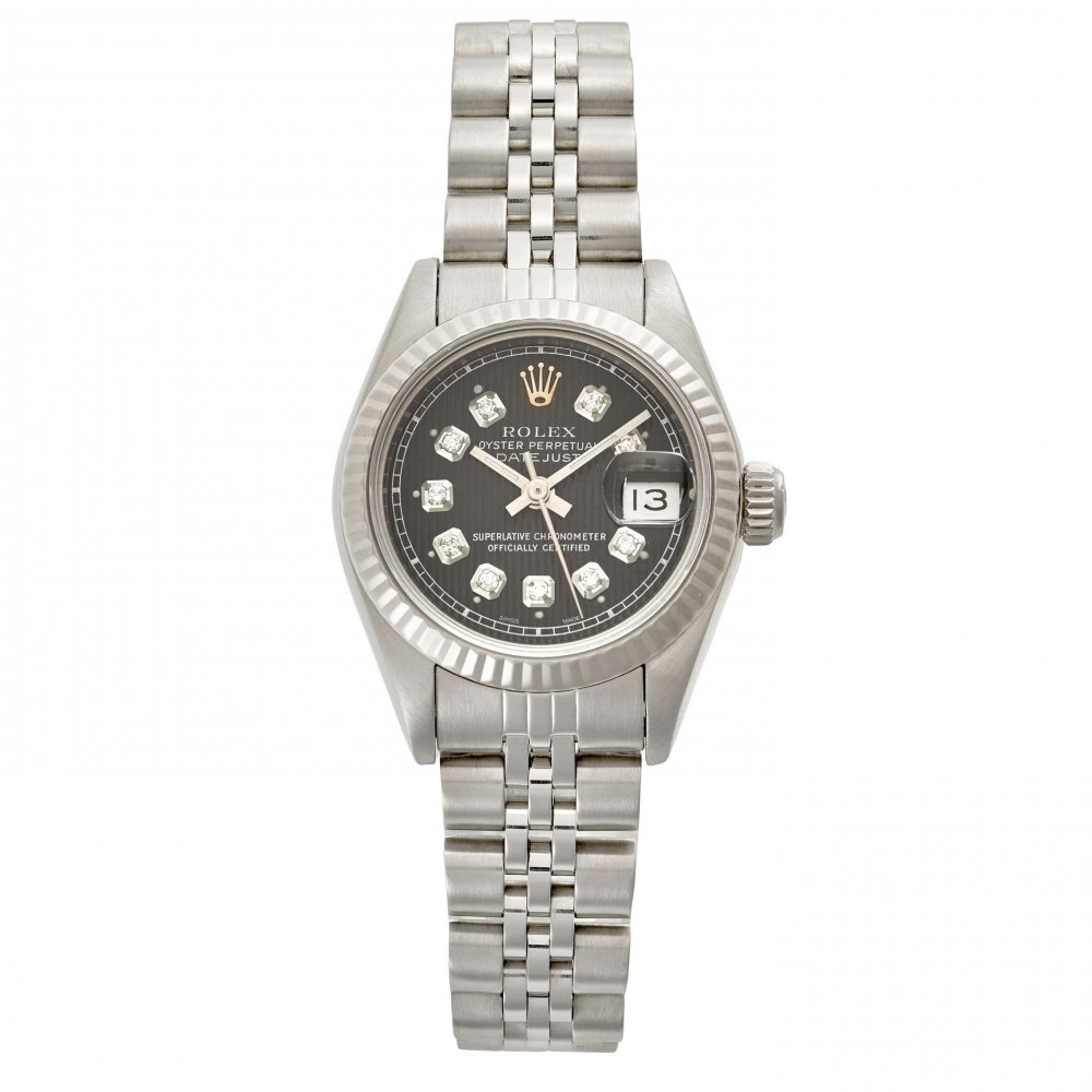 ROLEX. A STAINLESS STEEL AUTOMATIC CALENDAR BRACELET WATCH