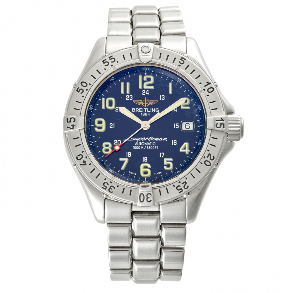 BREITLING. A STAINLESS STEEL AUTOMATIC CALENDAR BRACELET WATCH WITH 24 HOUR INDICATOR