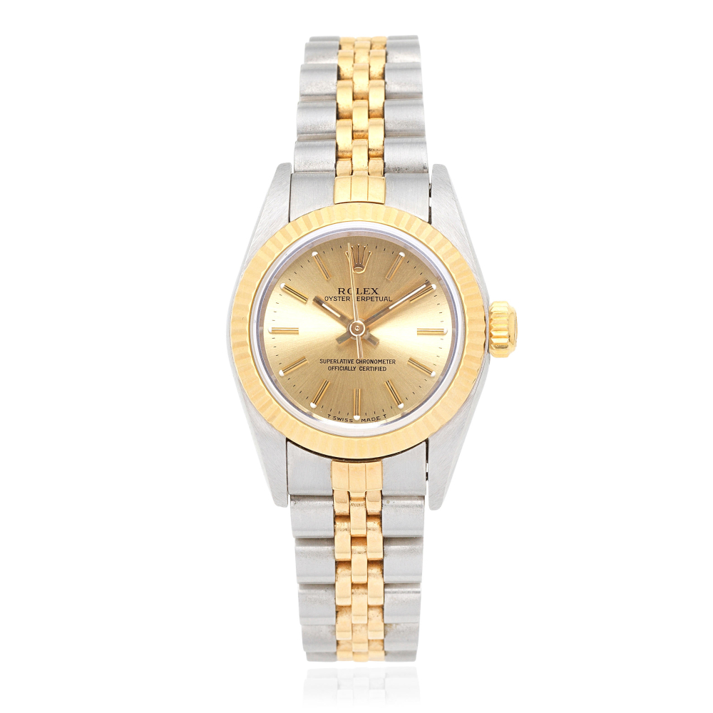 Rolex. A lady's stainless steel and gold automatic bracelet watch