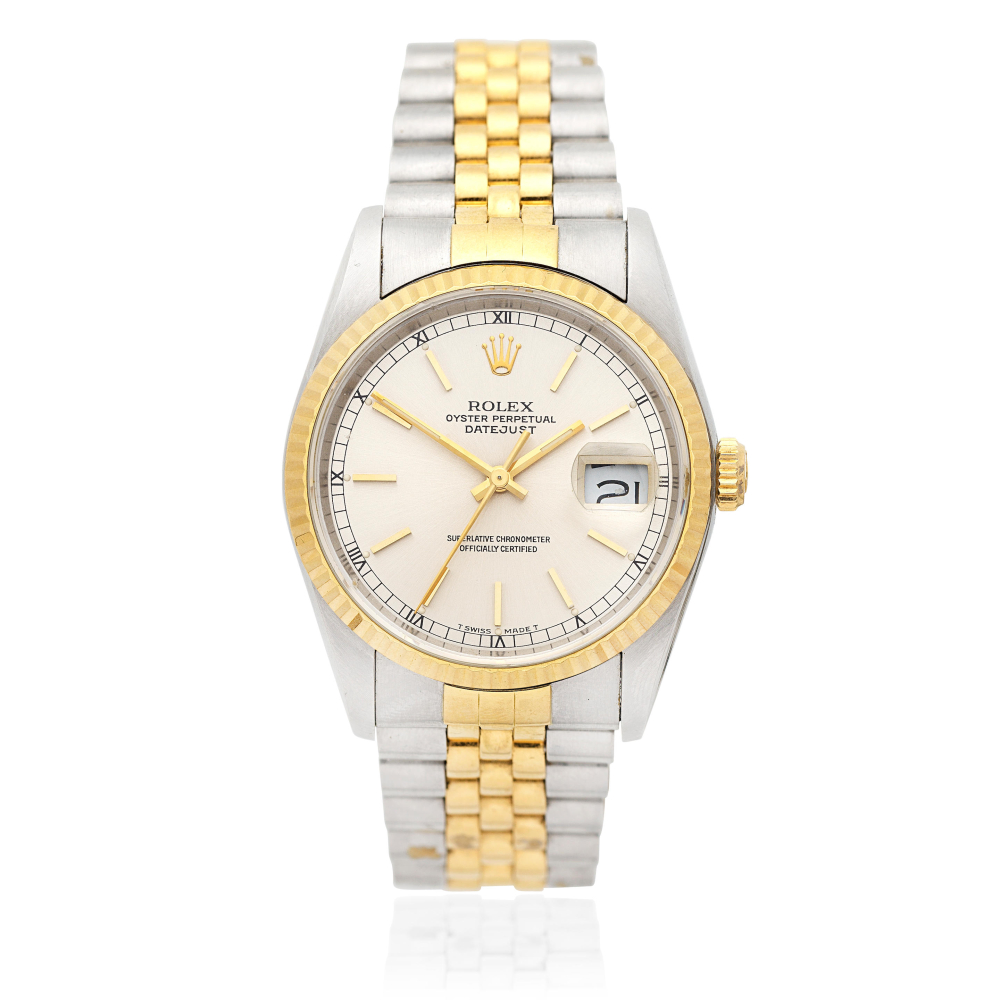 Rolex. A stainless steel and gold automatic calendar bracelet watch