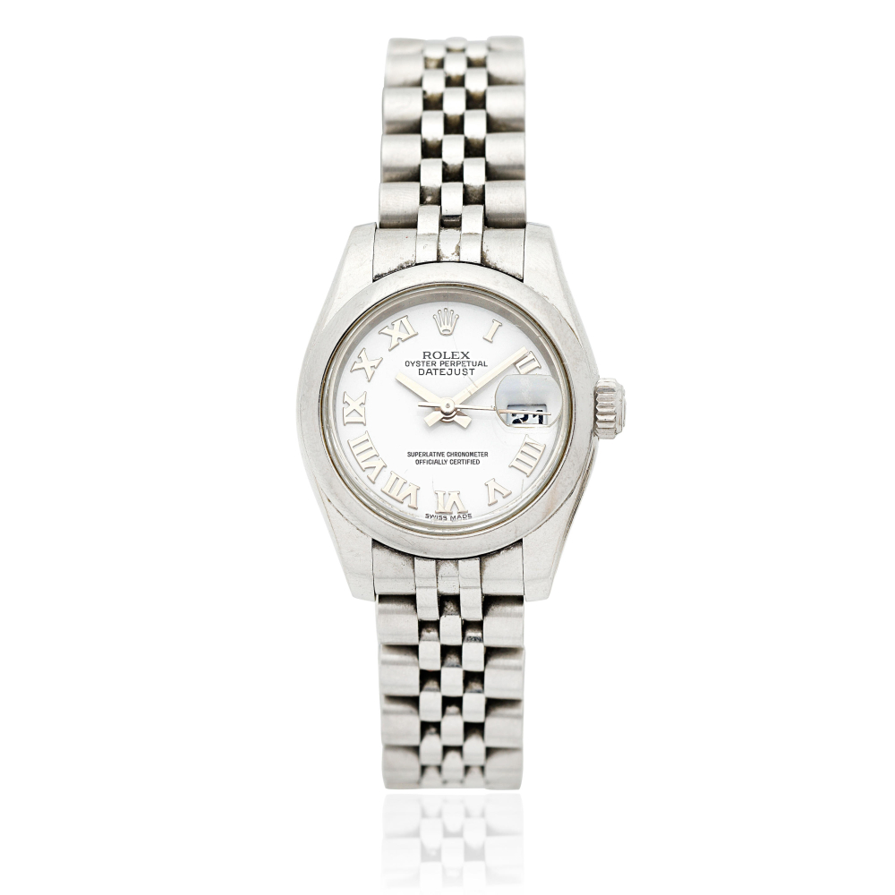 Rolex. A lady's stainless steel automatic calendar bracelet watch