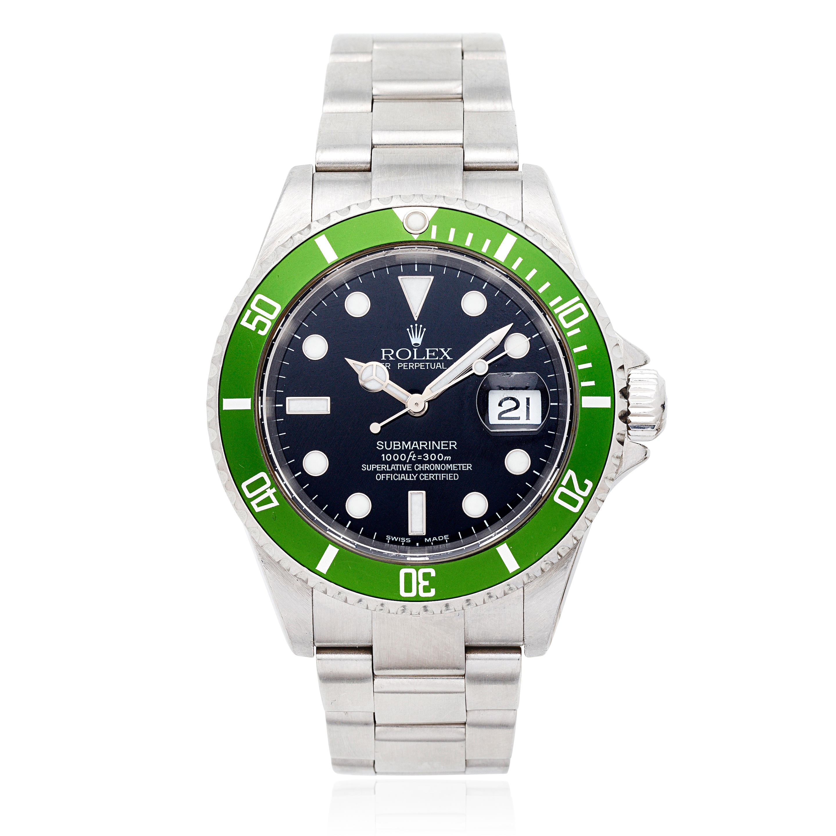 Rolex. A stainless steel automatic calendar bracelet watch with 'flat 4' bezel insert