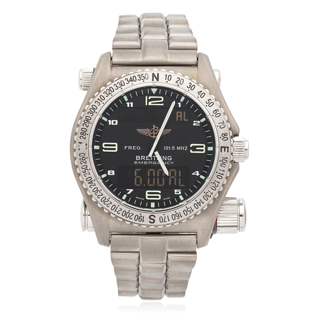 Breitling. A titanium quartz bracelet watch with micro antennae for aviation emergency frequency 121.5MHz