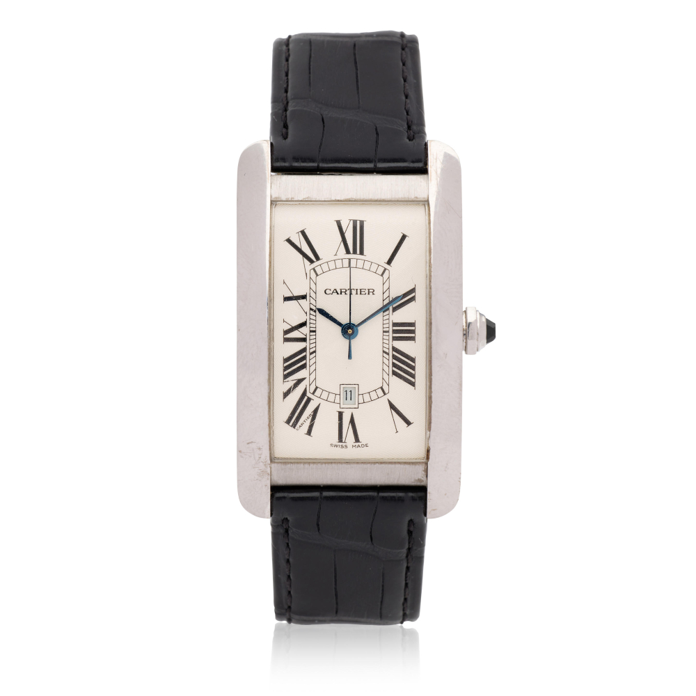 Cartier. An 18K white gold automatic calendar wristwatch