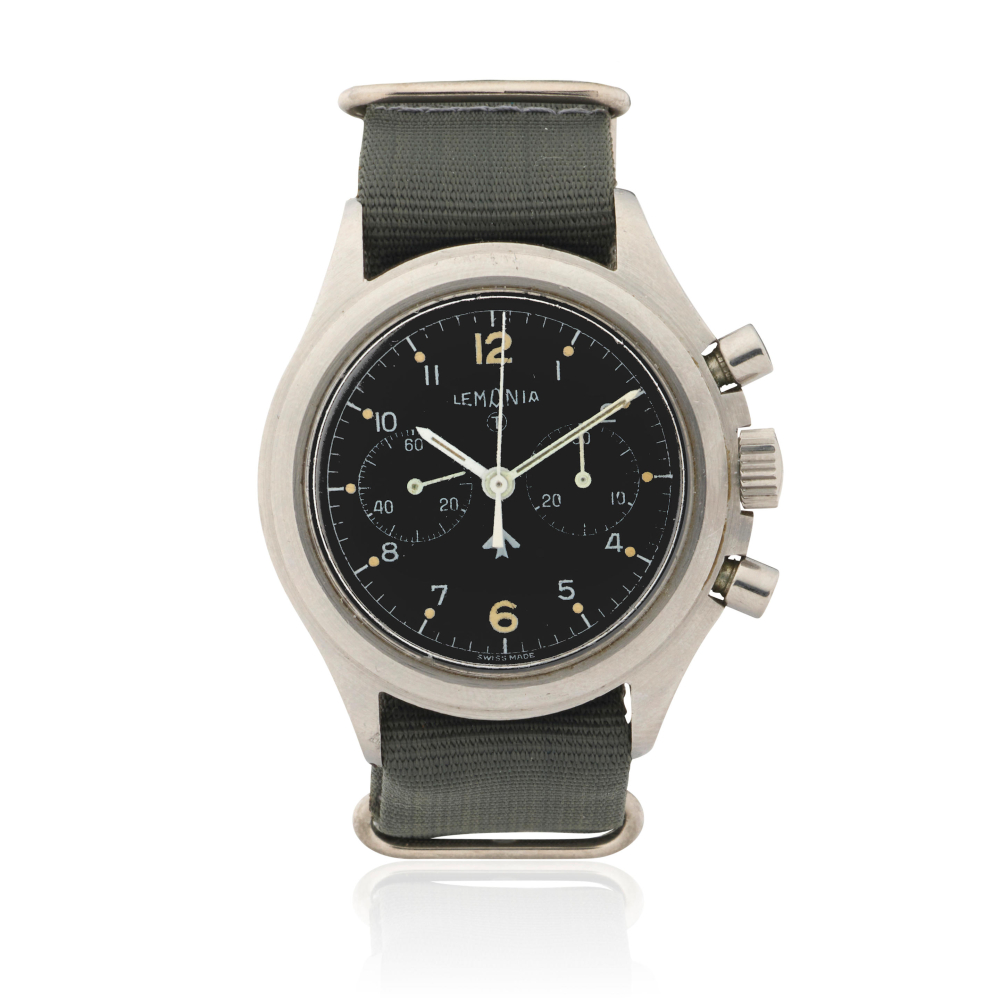 Lemania. A military issue stainless steel manual wind chronograph wristwatch