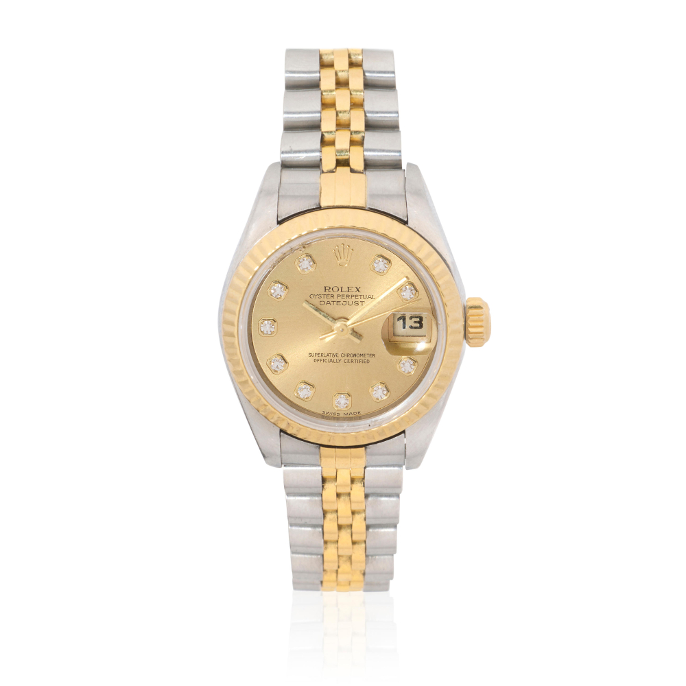 Rolex. A lady's stainless steel and gold diamond set calendar bracelet watch