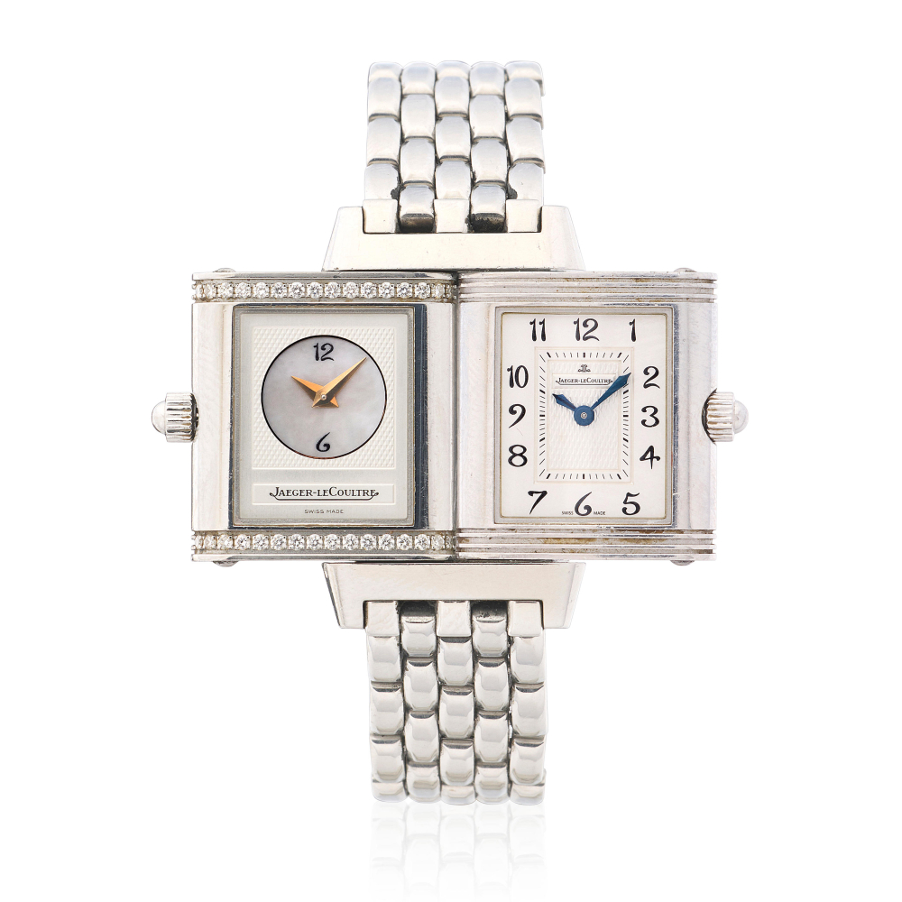 Jaeger-LeCoultre. A lady's stainless steel diamond set manual wind bracelet watch with mother of pearl dial