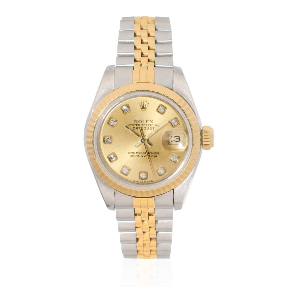 Rolex. A lady's stainless steel and gold diamond set automatic calendar bracelet watch