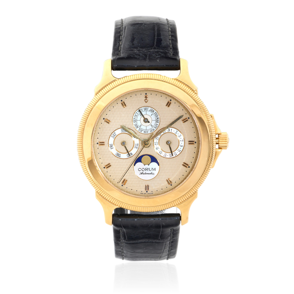 Corum. A Limited Edition 18K gold automatic perpetual calendar wristwatch with moon phase and mother of pearl dial