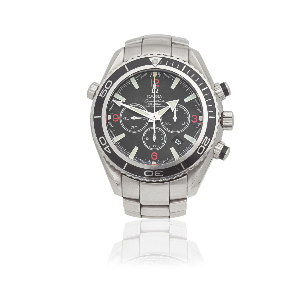 Omega. A stainless steel automatic calendar chronograph bracelet watch with co-axial escapement