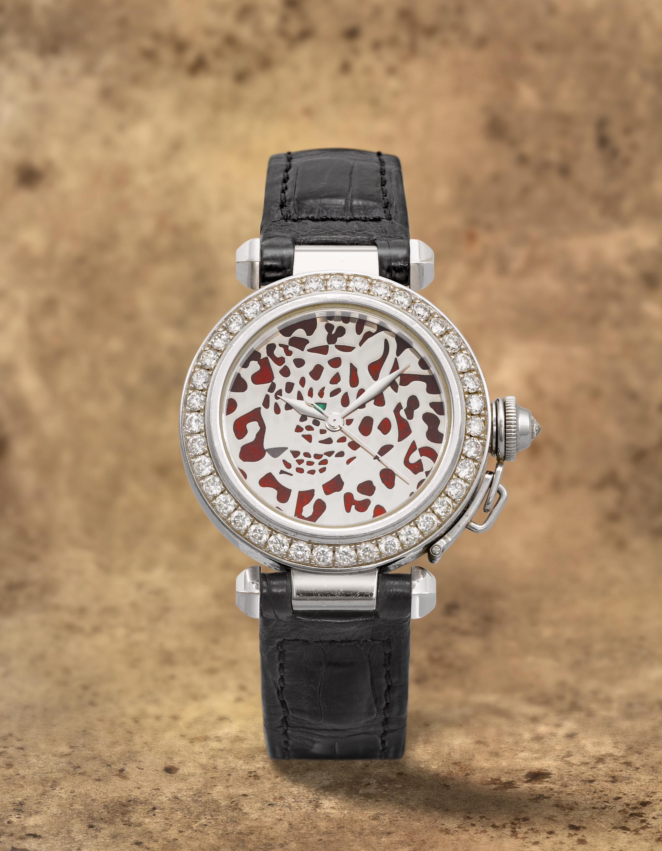 Cartier. A fine and rare Limited Edition 18K white gold and diamond set automatic wristwatch with Champlevé enamel dial