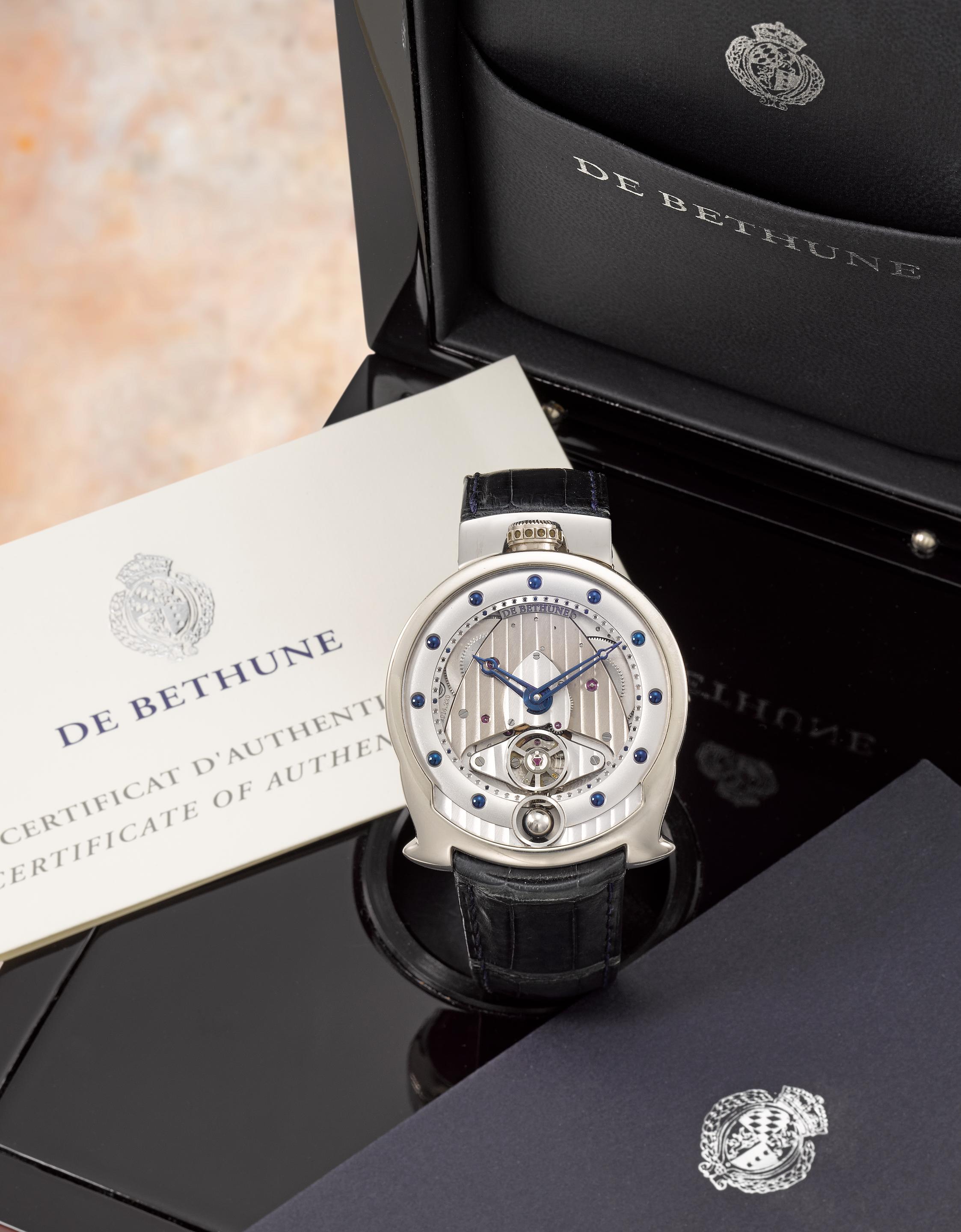 De Bethune. A fine and unusual 18K white gold manual wind skeletonised wristwatch with spherical 3D moon phase