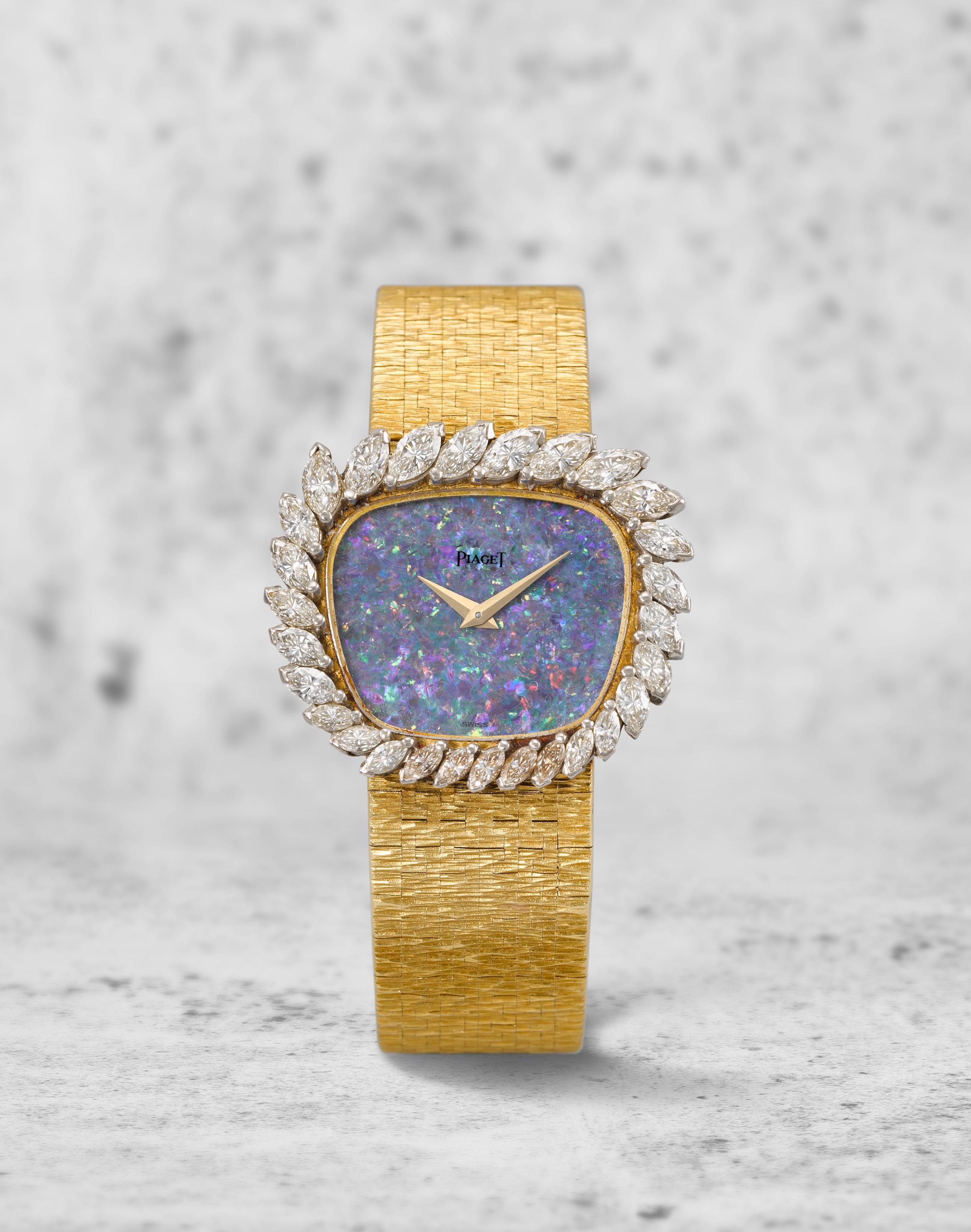 Piaget. A lady's 18K gold and diamond set manual wind bracelet watch with opal dial offered on behalf of the original family