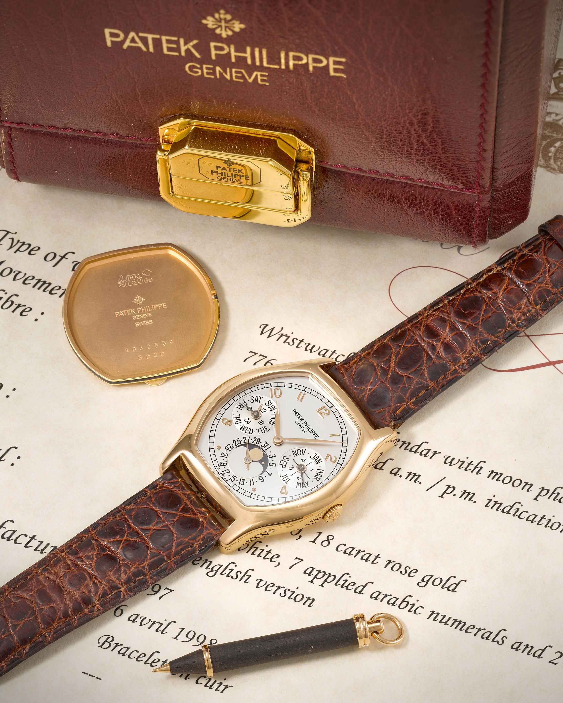 Patek Philippe. A fine and rare 18K rose gold automatic perpetual calendar wristwatch with moon phase and sigma dial