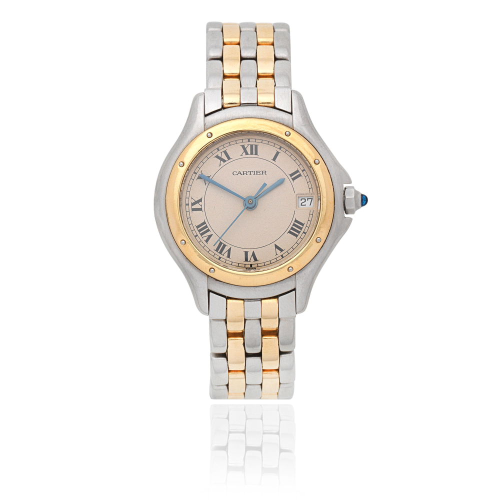 Cartier. A lady's stainless steel and gold quartz calendar bracelet watch
