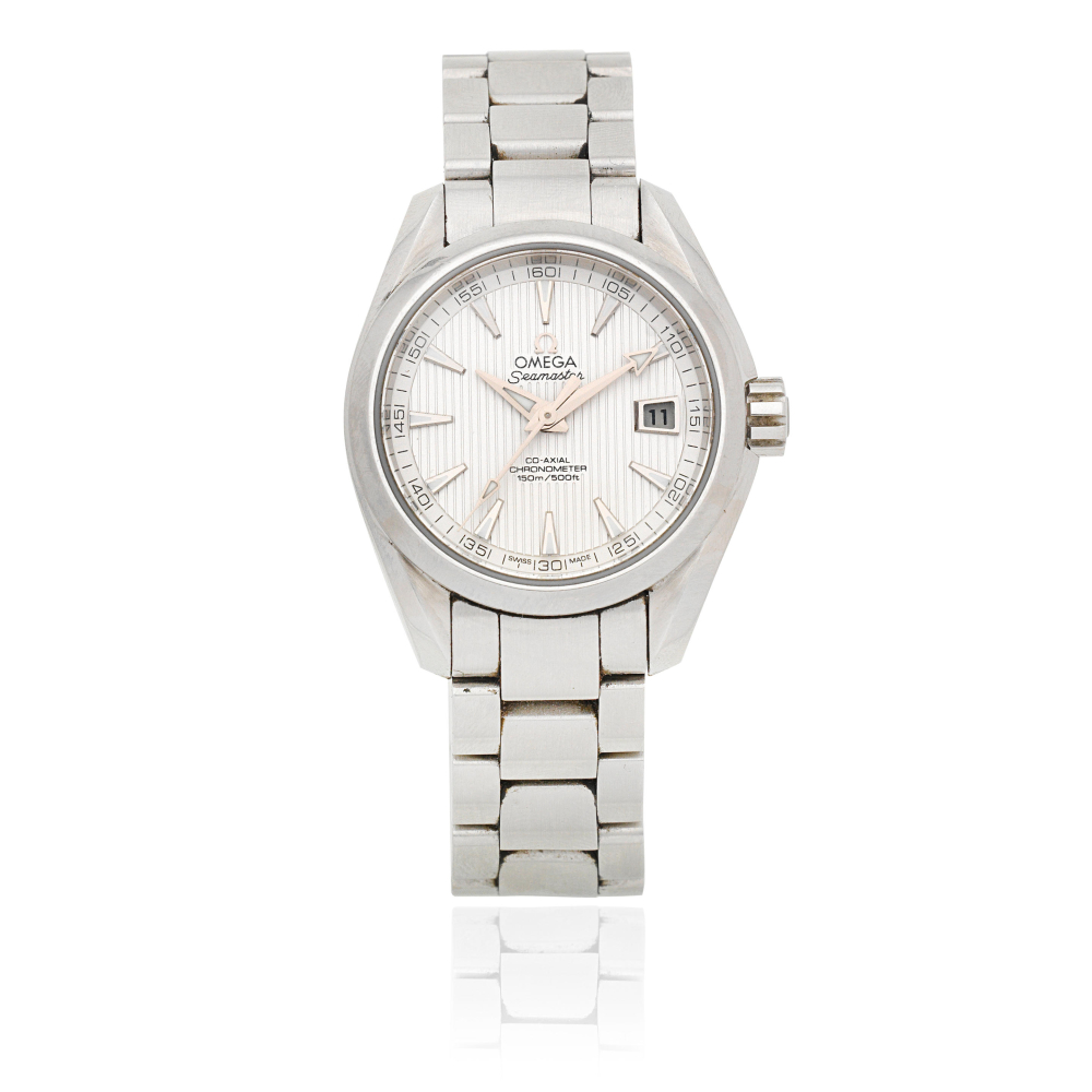 Omega. A lady's stainless steel automatic calendar bracelet watch with co-axial escapement