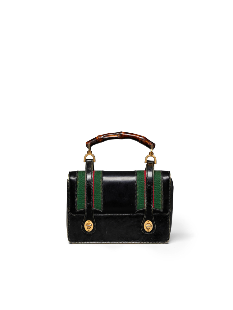 GUCCI: BAMBOO HANDLE BLACK LEATHER WEB DETAIL BAG