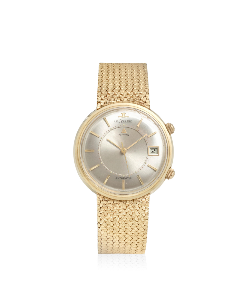 LECOULTRE. AN 14K GOLD AUTOMTIC CALENDAR WRISTWATCH WITH ALARM