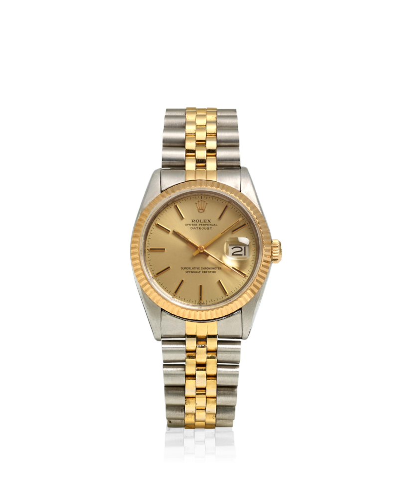 ROLEX. AN 18K GOLD AND STAINLESS STEEL AUTOMATIC CALENDAR BRACELET WATCH