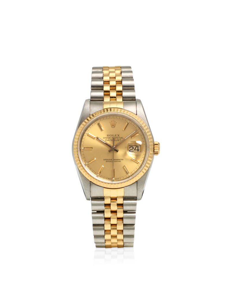 ROLEX. AN 18K GOLD AND STAINLESS STEEL AUTOMATIC CALENDAR BRACELET WATCH