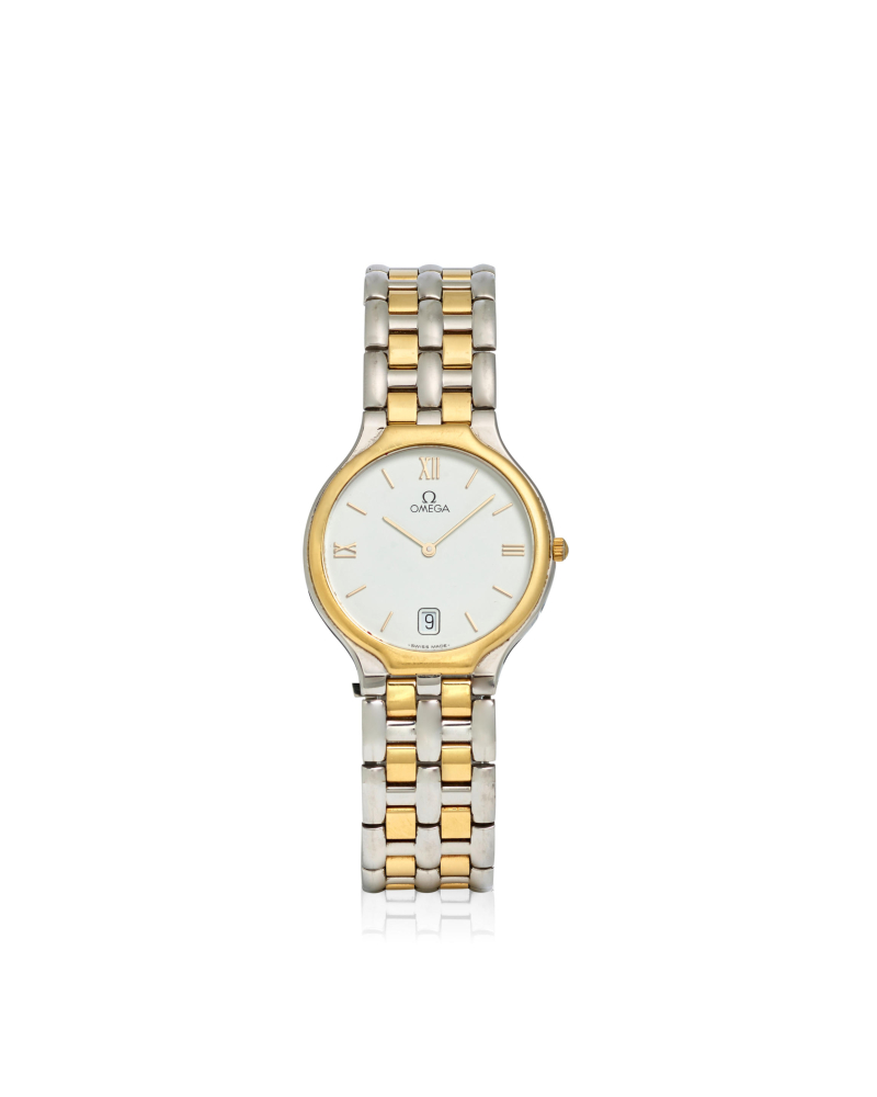 [NO RESERVE] OMEGA. AN 18K GOLD AND STAINLESS STEEL QUARTZ CALENDAR BRACELET WATCH