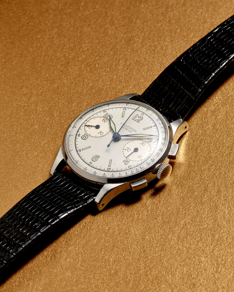 [NO RESERVE] UNIVERSAL GENÈVE. A STAINLESS STEEL MANUAL WIND CHRONOGRAPH WRISTWATCH