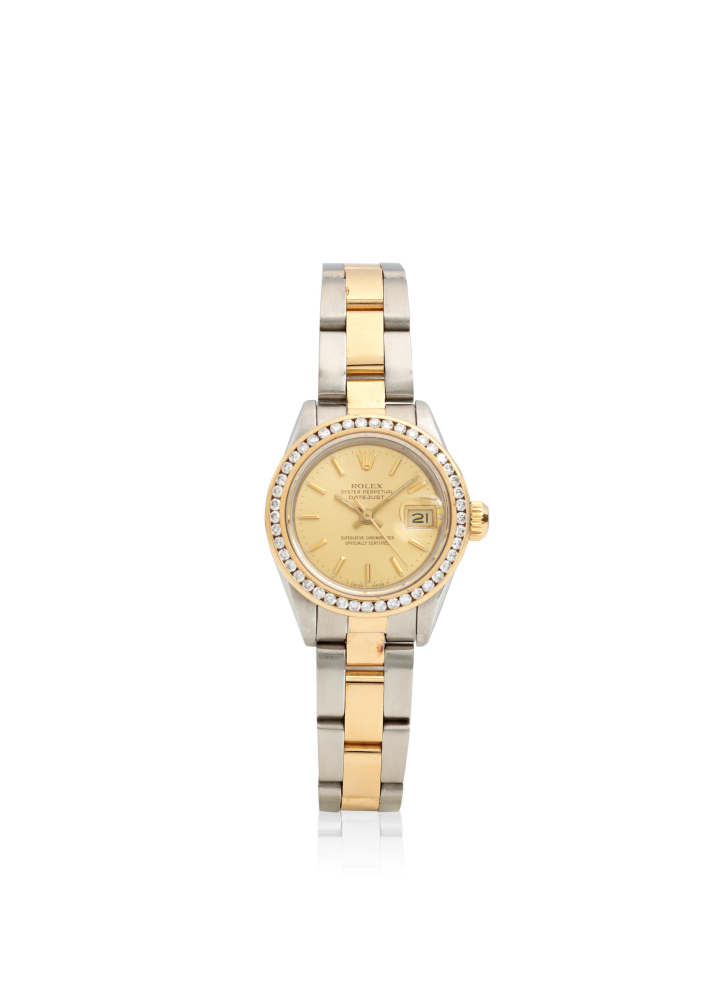 [NO RESERVE] ROLEX. A STAINLESS STEEL AND GOLD AUTOMATIC CALENDAR BRACELET WATCH WITH AFTERMARKET DIAMOND BEZEL