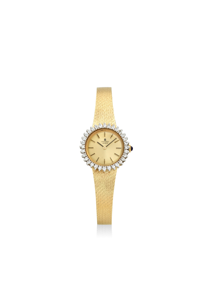 UNIVERSAL GENÈVE. A 14K GOLD QUARTZ BRACELET WATCH WITH AFTERMARKET DIAMOND BEZEL