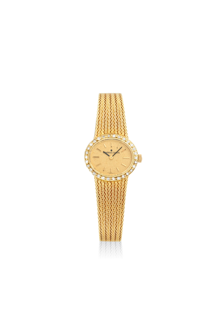 [NO RESERVE] UNIVERSAL GENÈVE. AN 18K GOLD DIAMOND SET MANUAL WIND BRACELET WATCH