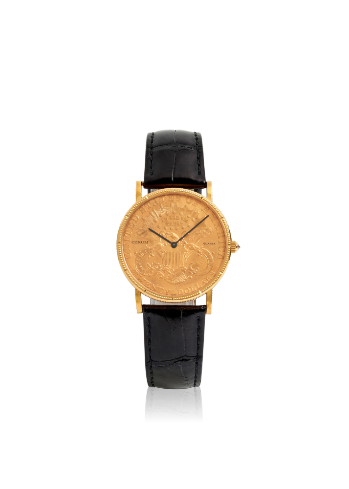 CORUM. AN 18K GOLD TWENTY-DOLLAR COIN QUARTZ WRISTWATCH