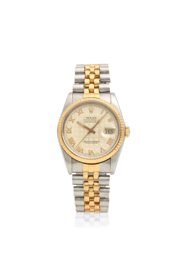 ROLEX. A STAINLESS STEEL AND GOLD AUTOMATIC CALENDAR BRACELET WATCH