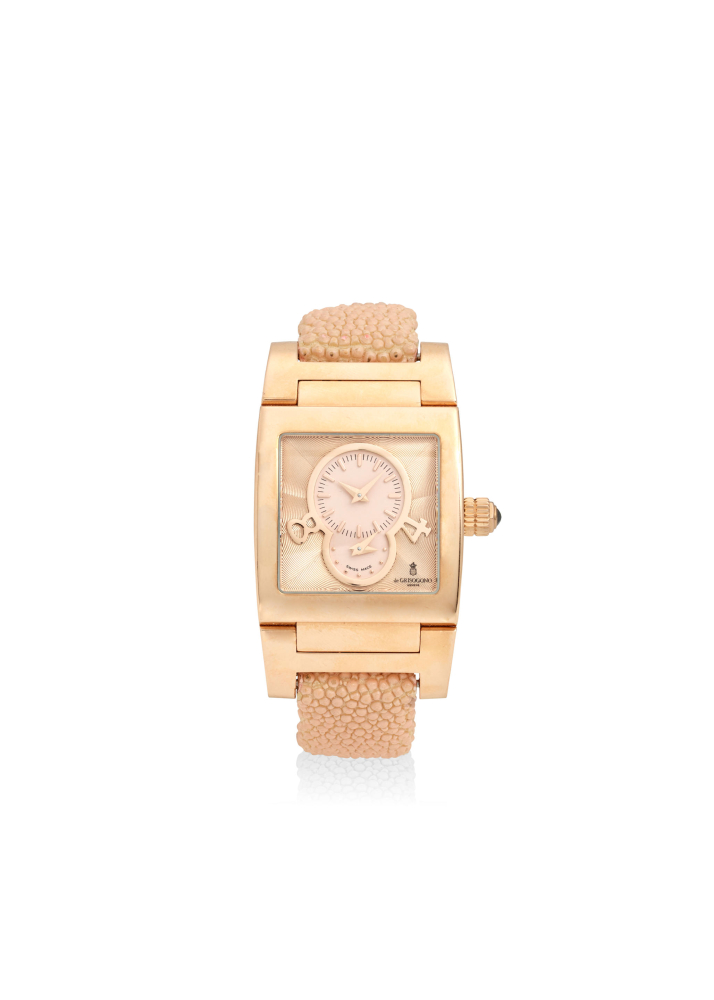 DE GRISOGONO. AN 18K ROSE GOLD AUTOMATIC WRISTWATCH WITH DUAL TIME ZONE