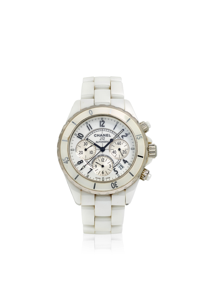 [NO RESERVE] CHANEL. A WHITE CERAMIC AND STAINLESS STEEL AUTOMATIC CALENDAR CHRONOGRAPH BRACELET WATCH