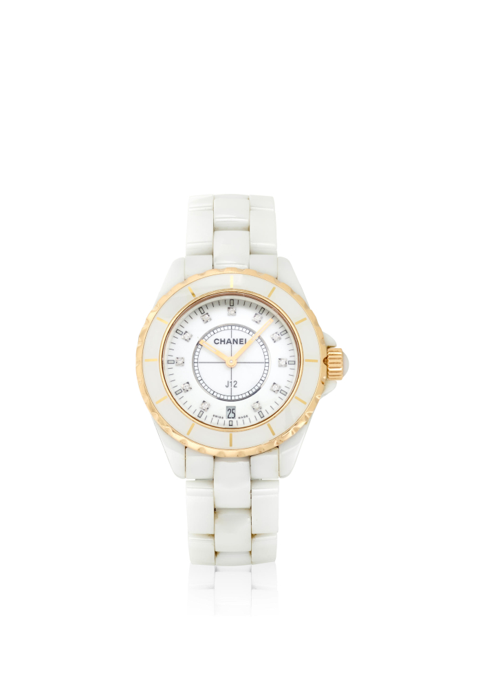 [NO RESERVE] CHANEL. A WHITE CERAMIC DIAMOND SET QUARTZ CALENDAR BRACELET WATCH