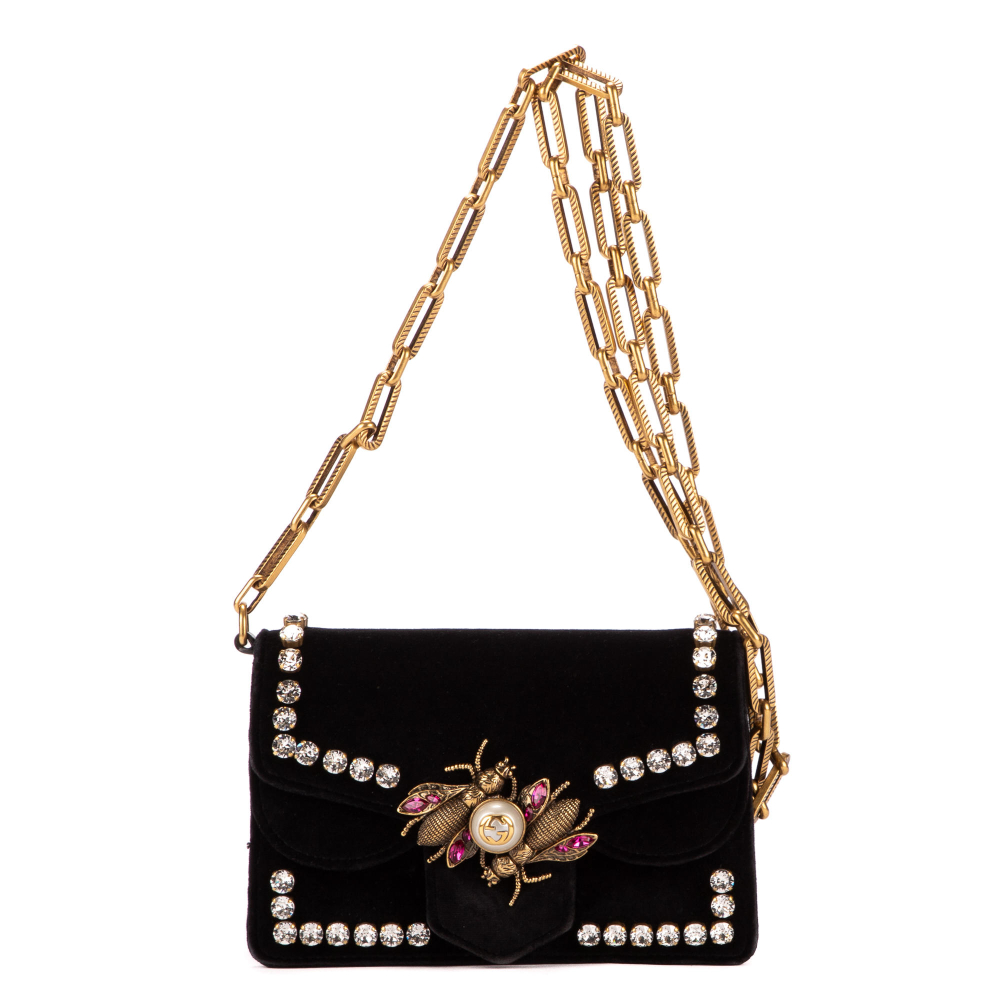 GUCCI. Sac "Broadway Pearly Bee" en velours noir.