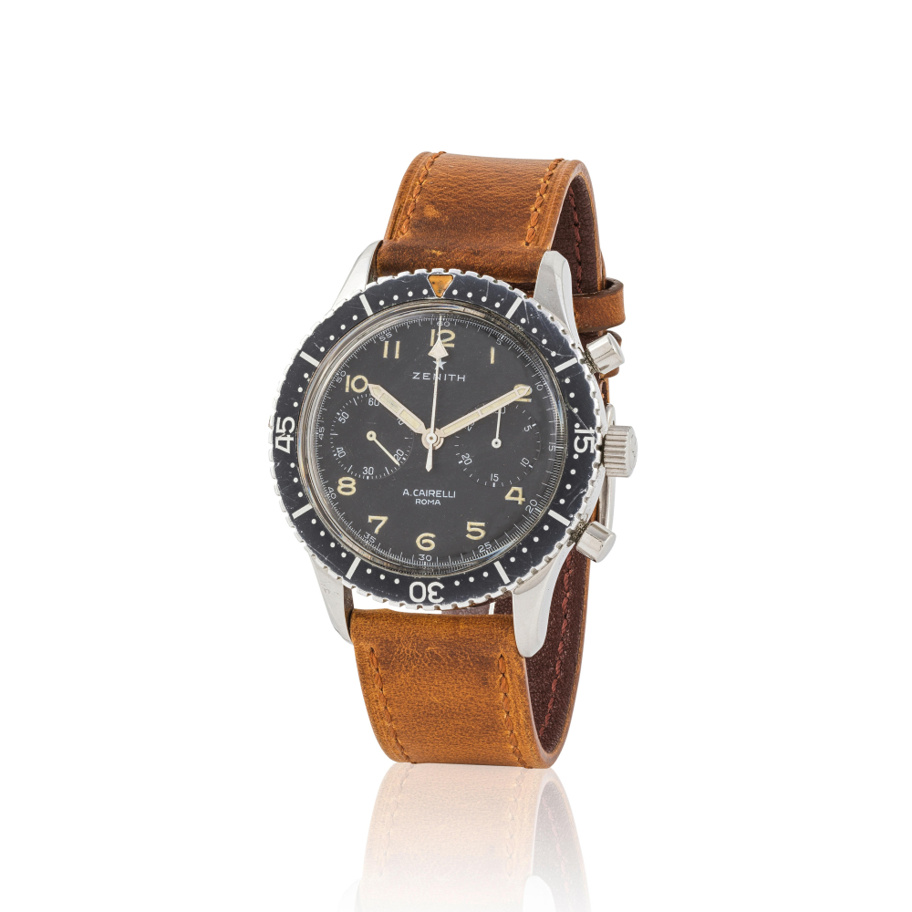 Zenith retailed by A.Cairelli, Roma. Fine stainless steel manual wind military issued chronograph bracelet watch 