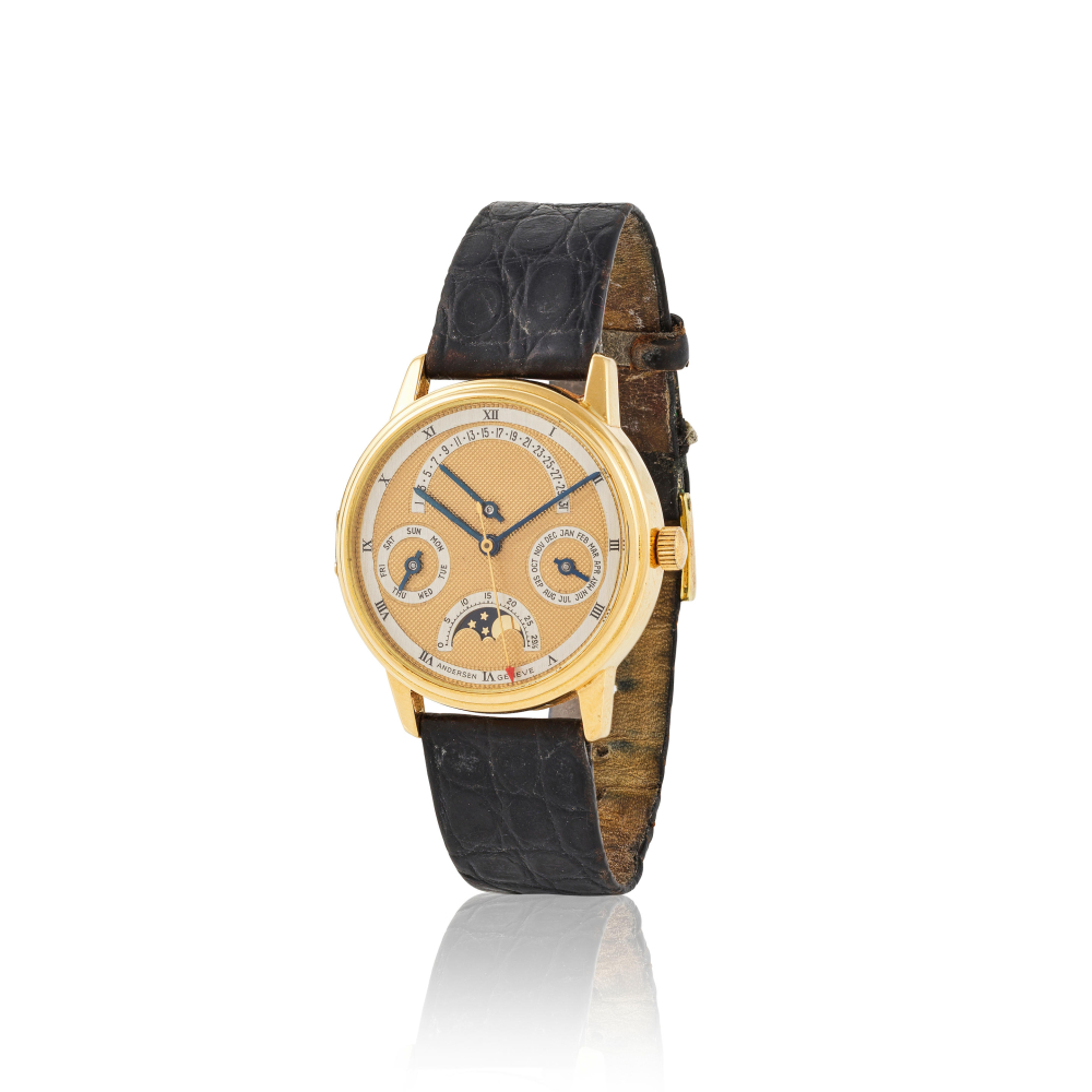 Andersen, Genève. A fine 18K gold automatic triple calendar wristwatch with moon phase indication 