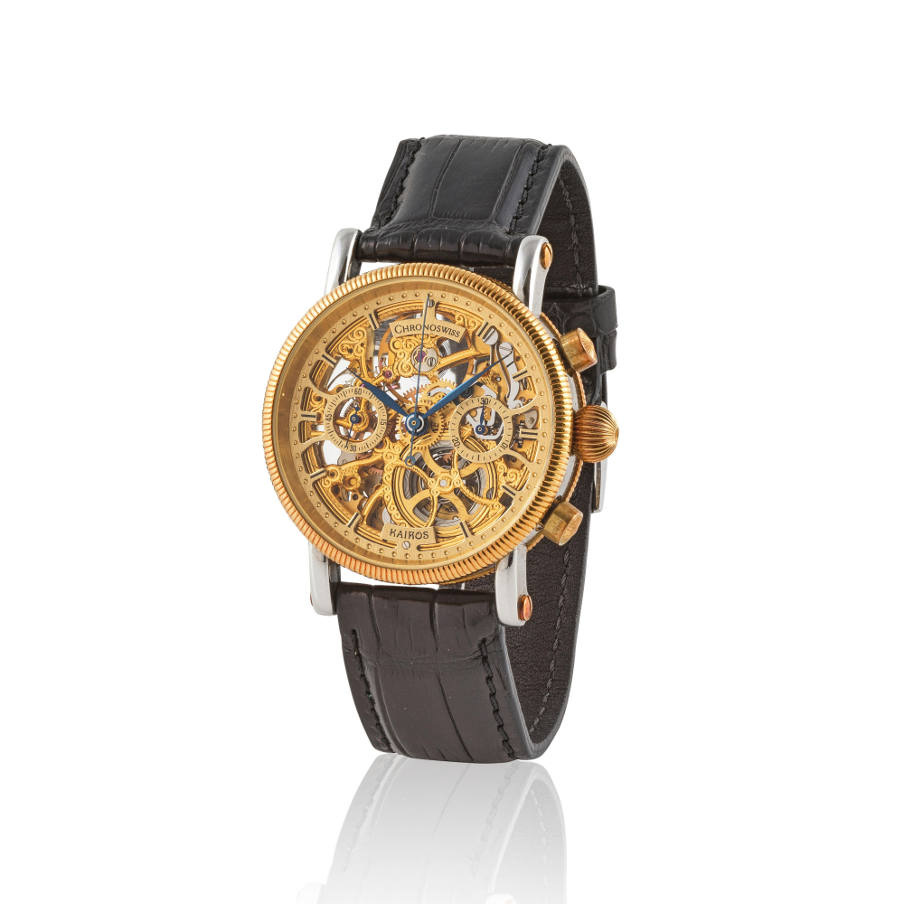 Chronoswiss. A stainless steel and gold plated manual wind chronograph wristwatch with skeleton dial
