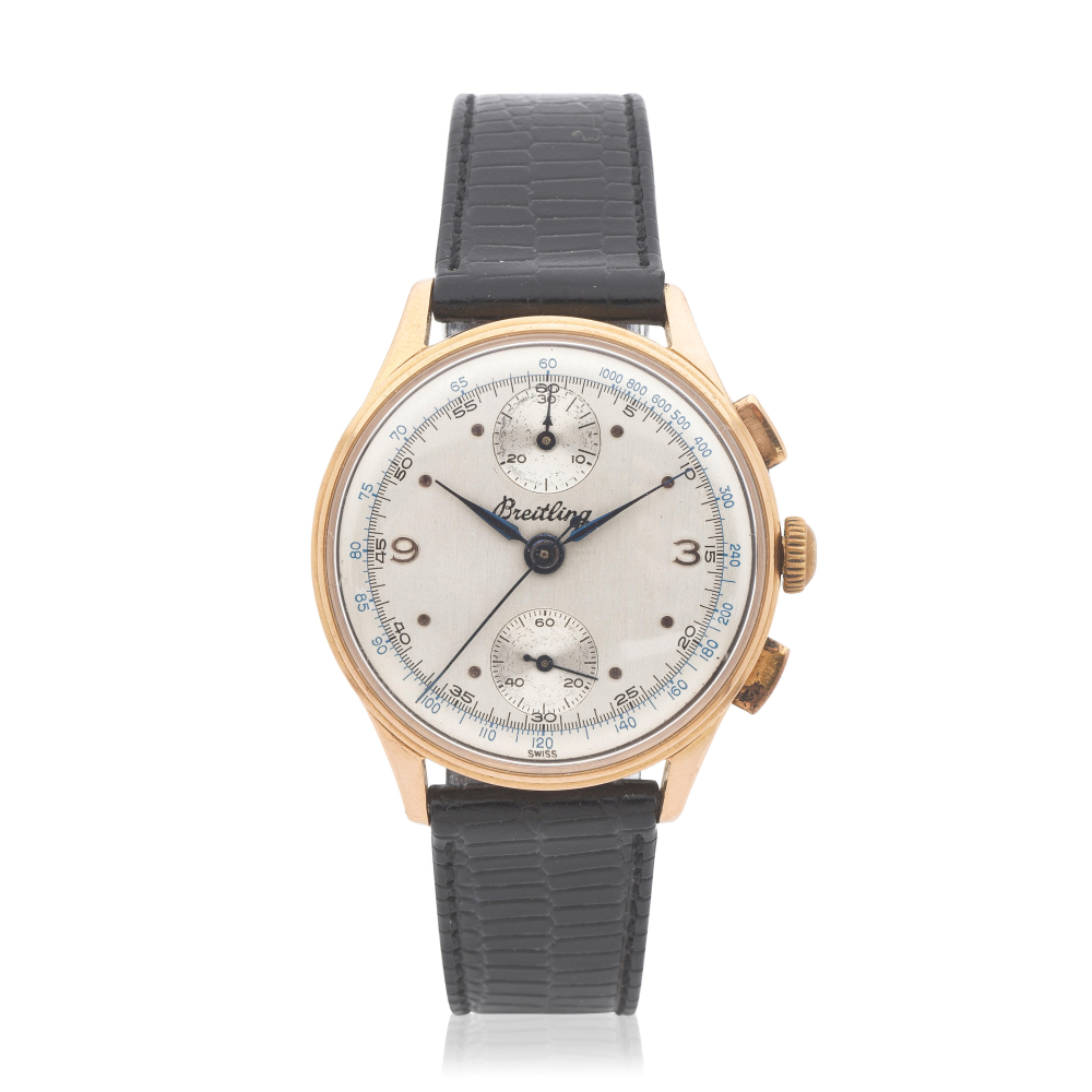 Breitling. An 18K rose gold manual wind chronograph wristwatch