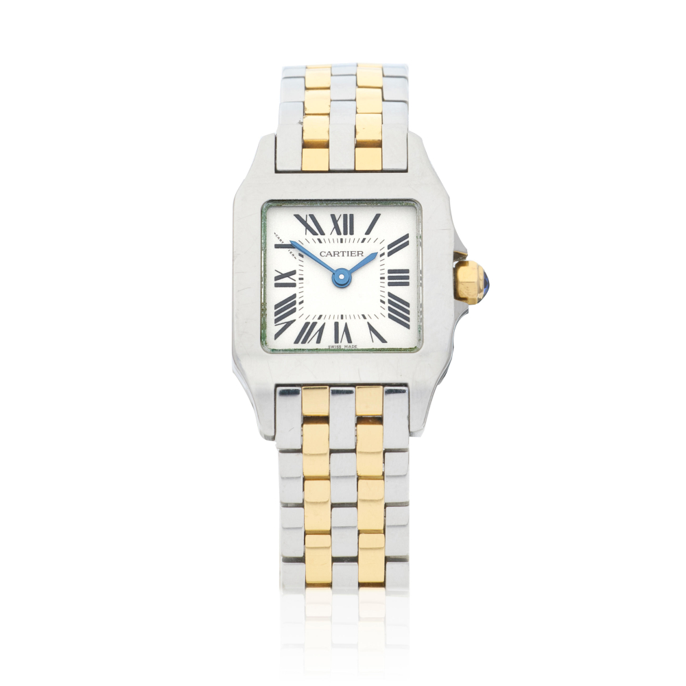 Cartier. A lady's stainless steel and gold quartz bracelet watch