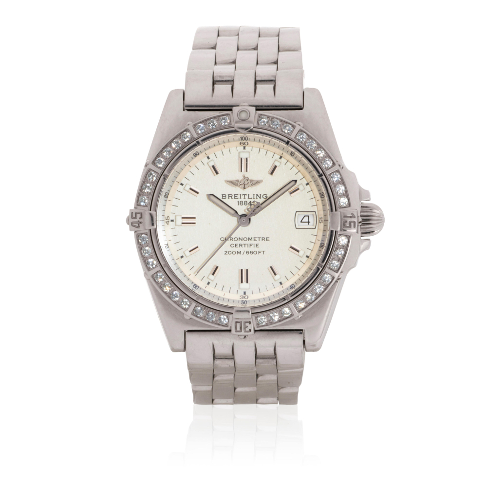 Breitling. A lady's stainless steel and diamond set quartz calendar bracelet watch