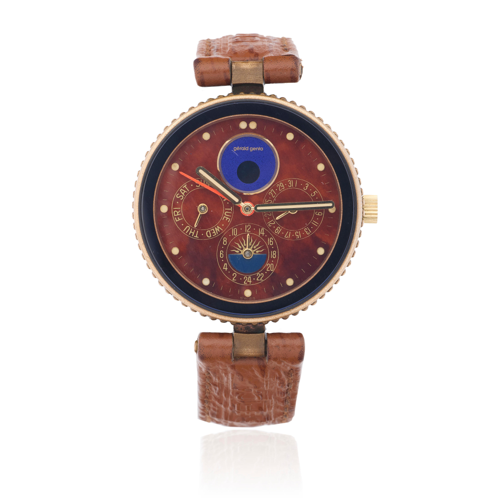Gerald Genta. A bronze quartz calendar wristwatch with moon phase, alarm and dual time zone 