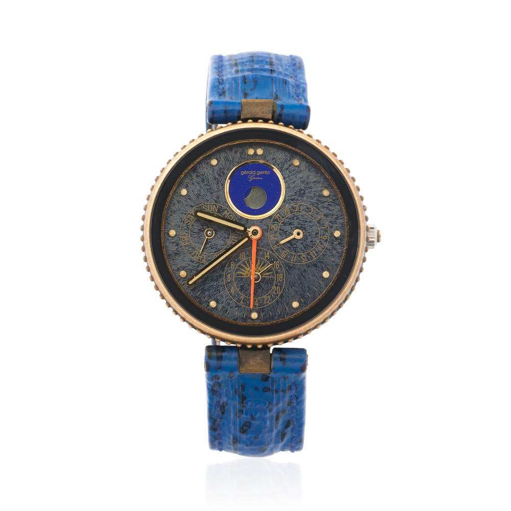 Gerald Genta. A bronze quartz calendar wristwatch with moon phase, alarm and dual time zone 