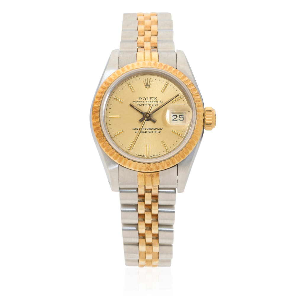 Rolex. A lady's stainless steel and gold automatic calendar bracelet watch